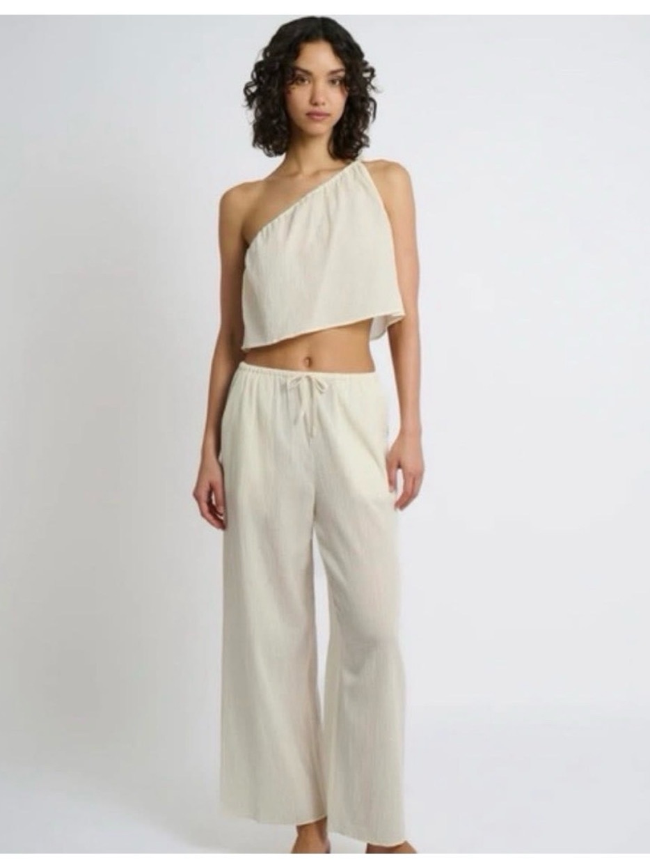 Onia Lightweight 100% Cotton Two-Piece Set One Shoulder Top Pants Egret Beige